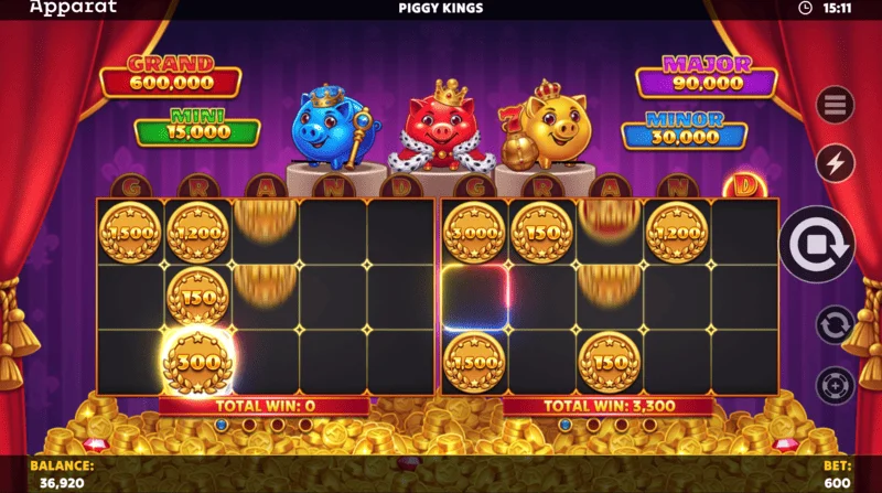 Piggy Kings - menú de configuración y rango de apuesta